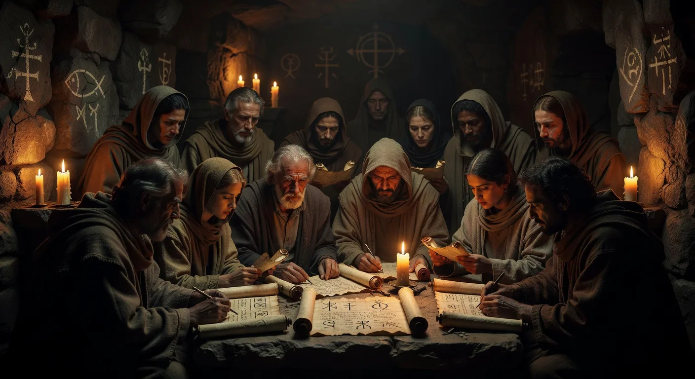 Early Gnostic Christians studying sacred texts in underground catacombs