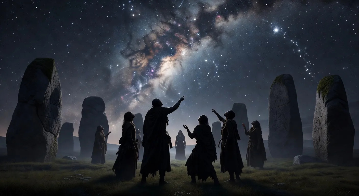 Ancient humans observing the night sky from a stone circle