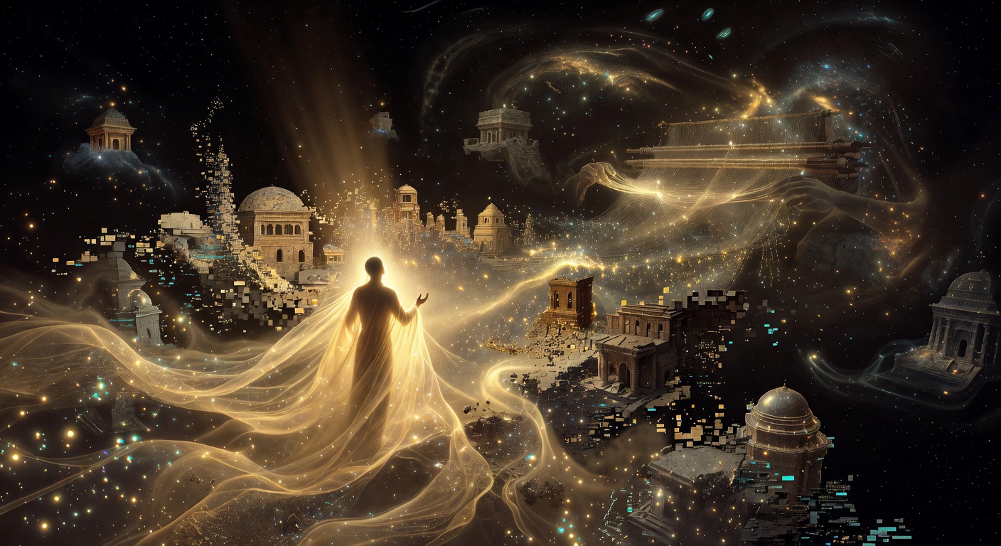 A solitary figure walking through a translucent veil into pure golden light, the rendered world dissolving behind