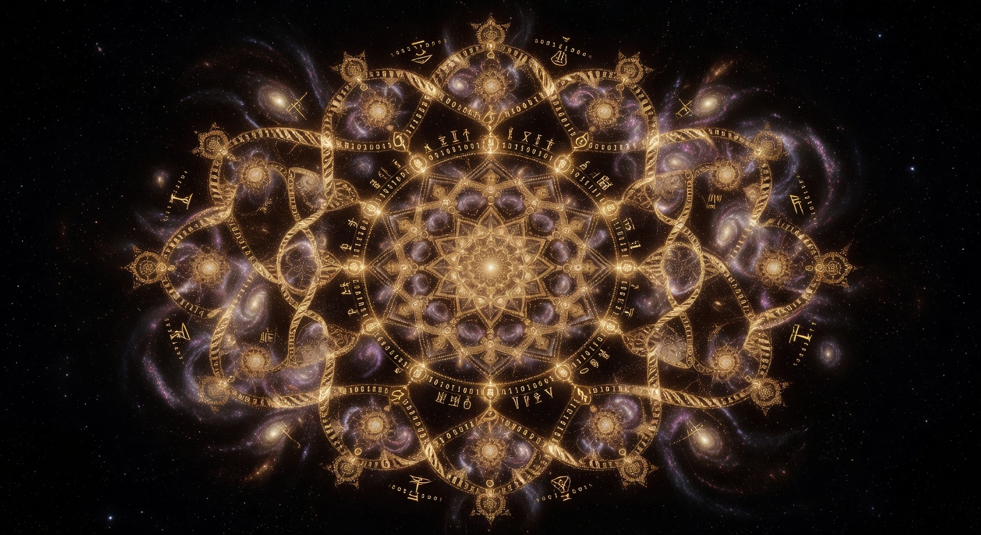 A fractal mandala of golden information particles showing the same pattern at every scale — galaxies, neural networks, DNA, atoms