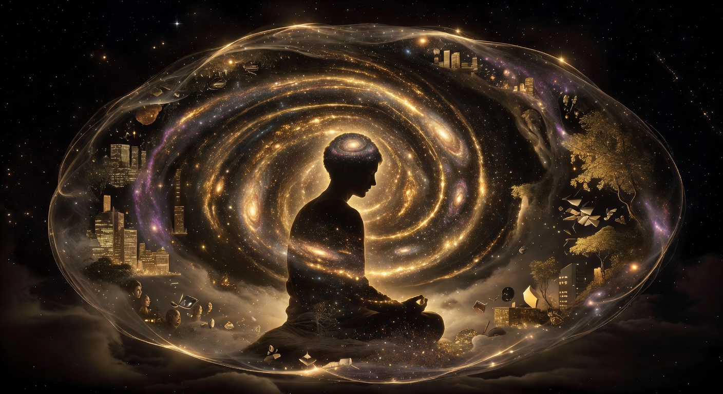A meditating figure in silhouette with the cosmos folding inward through their crown, the material world flickering as a thin shell around them