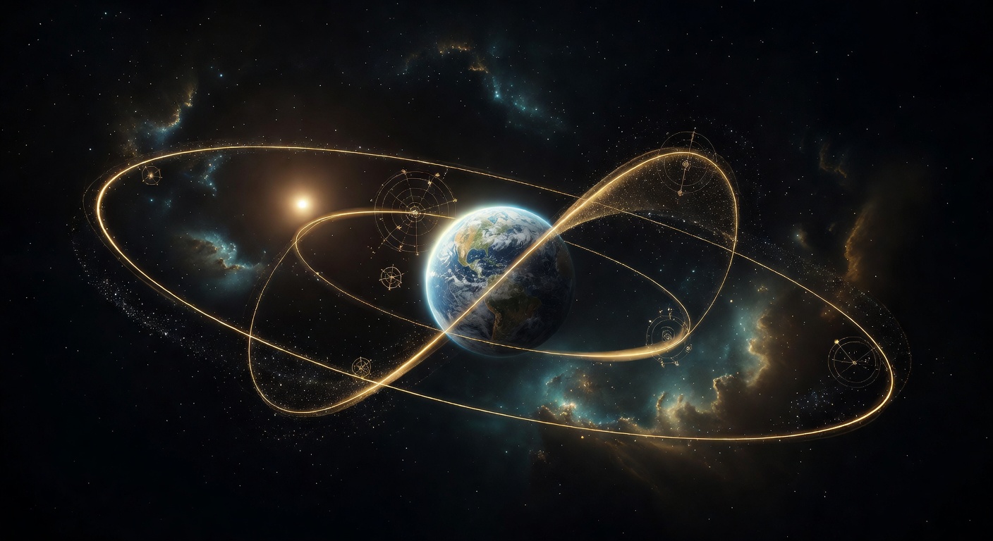 Planet Earth in deep space with three overlapping orbital cycles visualized as luminous golden traces — an orbital ellipse, axial nodding, and precessional cone