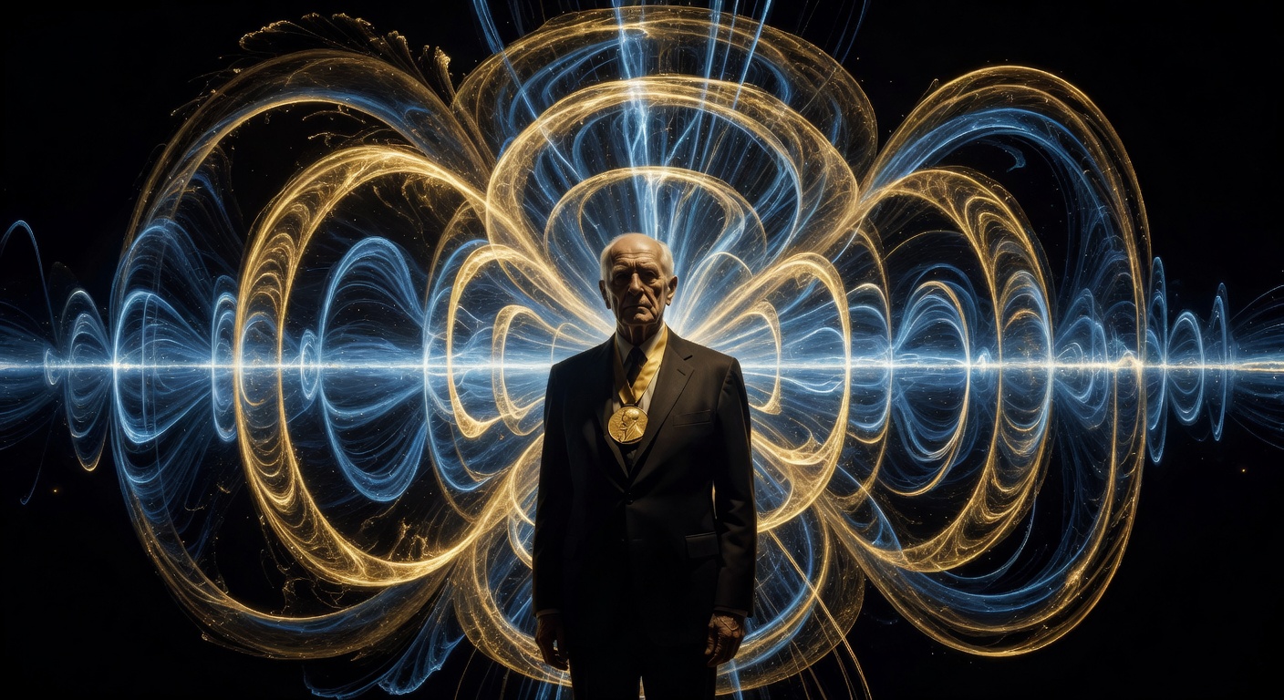 A distinguished physicist standing before a massive laboratory plasma discharge, Alfvén waves visualized as luminous spiraling magnetic field lines, Nobel Prize medal glinting in gold light