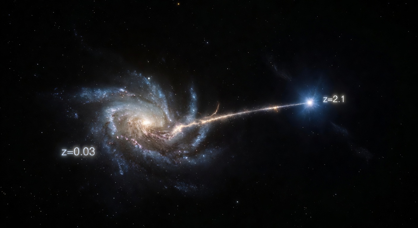 Deep-space view showing a galaxy connected by a luminous bridge to a distant quasar with incompatible redshift values displayed