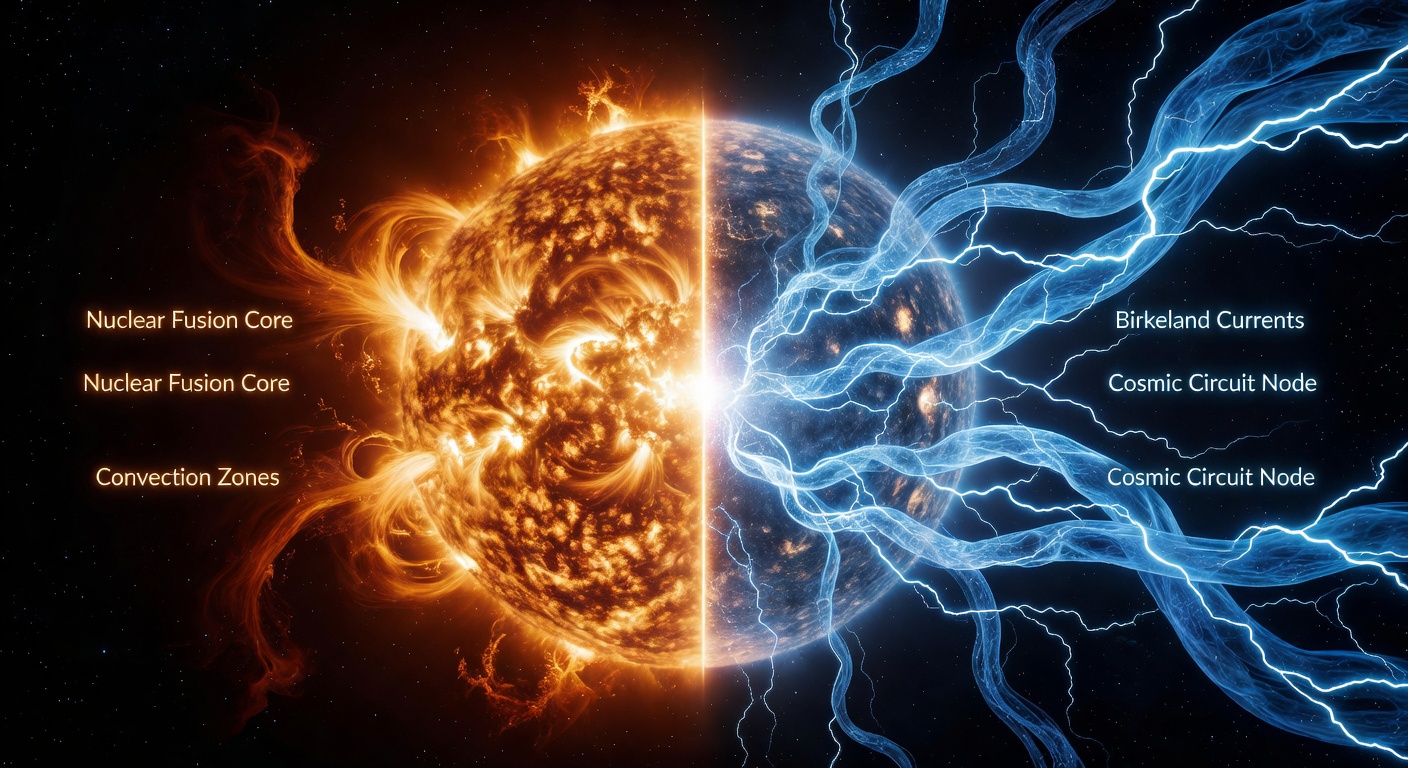 The Sun shown two ways: left half as nuclear fusion furnace in warm gold, right half as a node in cosmic electric circuits with Birkeland currents in blue
