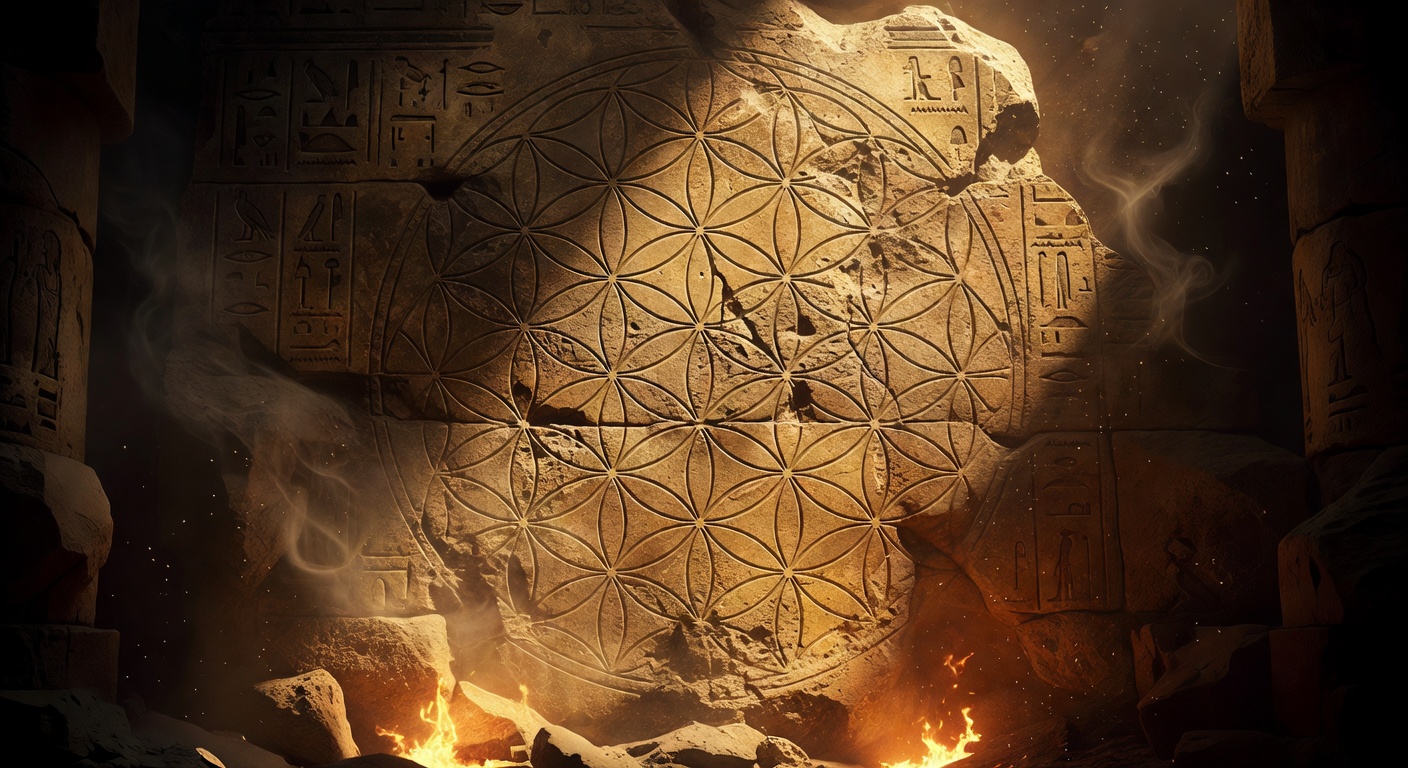 The Flower of Life pattern carved into ancient weathered temple stone, lit by golden torchlight