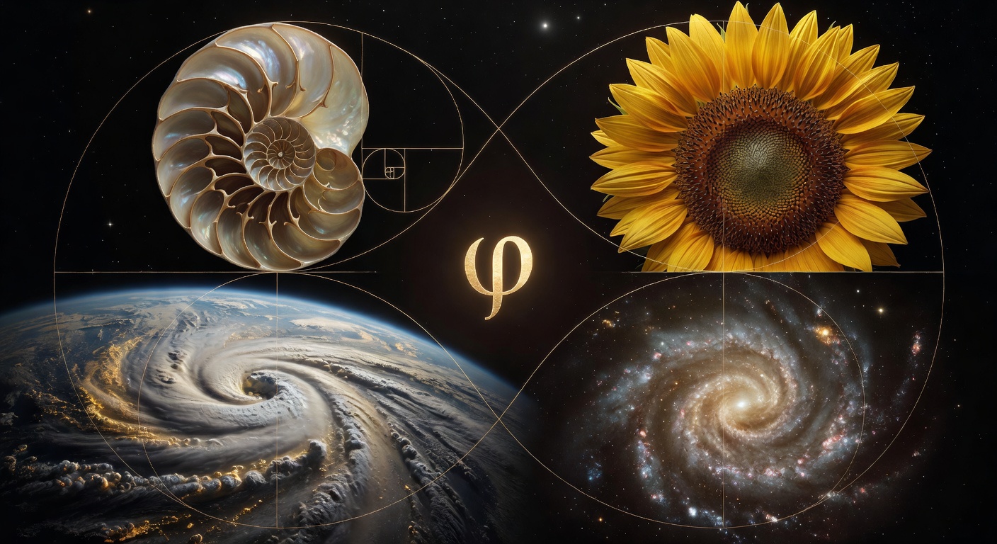The golden ratio manifested in nature — nautilus shell, sunflower head, hurricane, spiral galaxy — all sharing the same mathematical curve around a central phi symbol