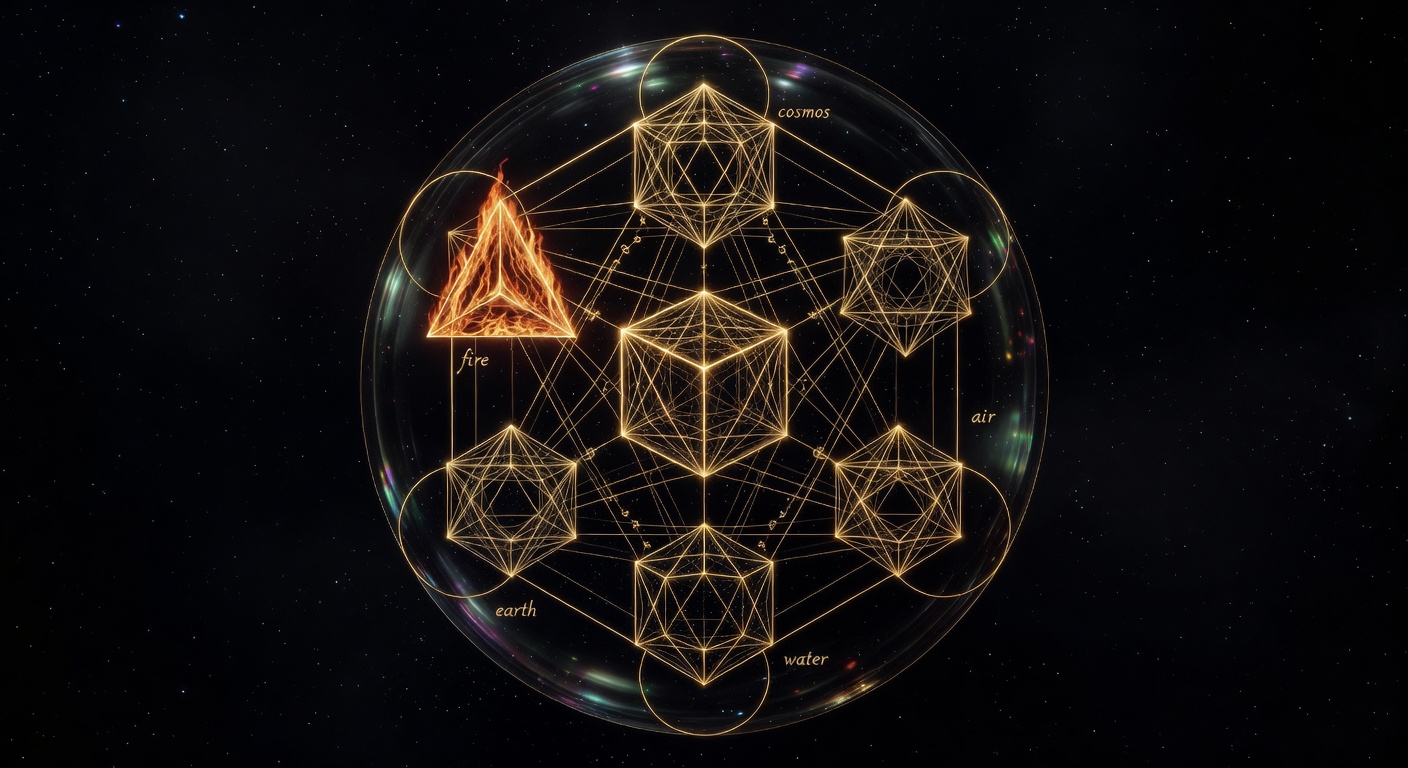 The five Platonic solids as golden wireframes floating in space within Metatron's Cube