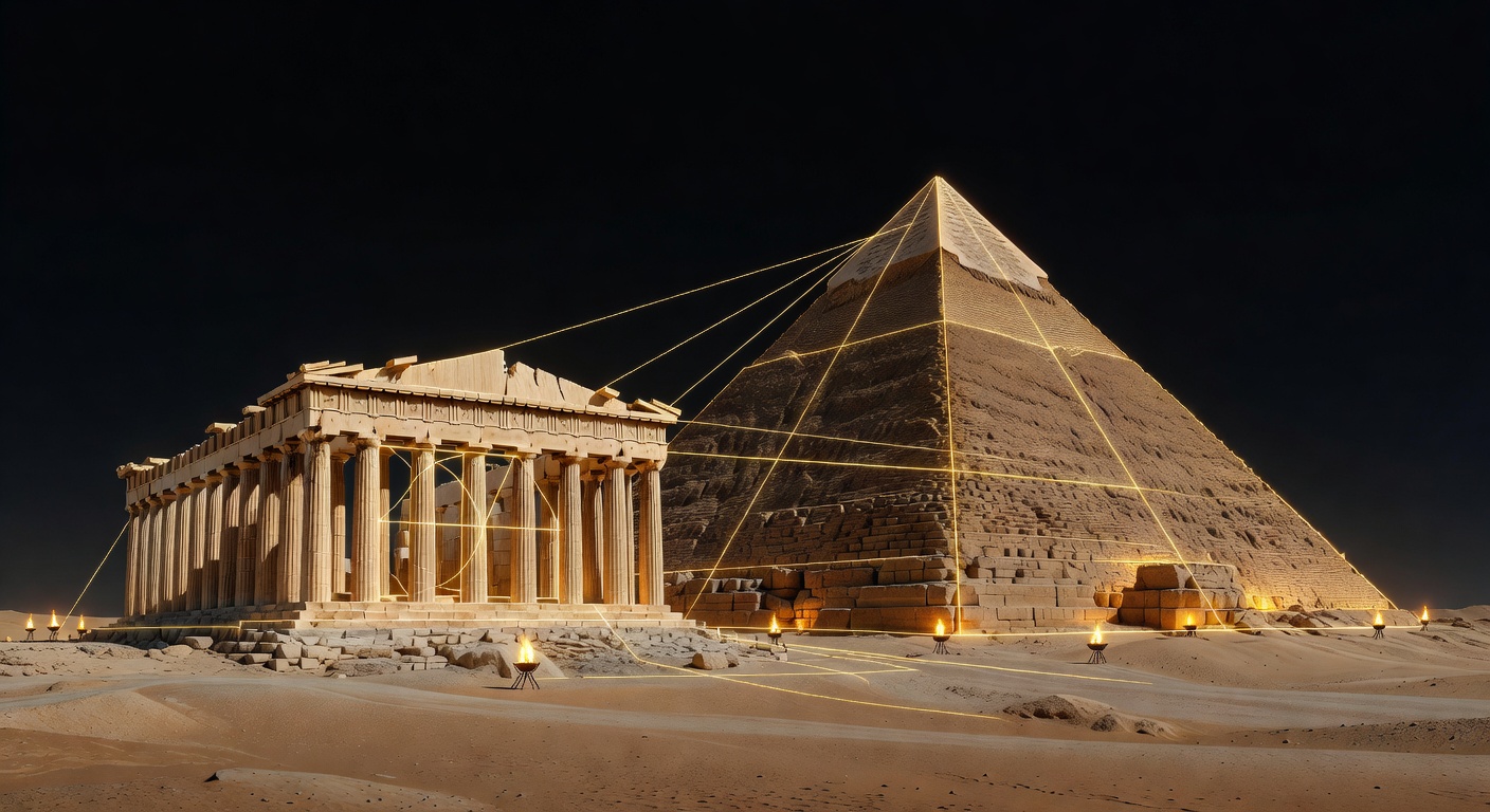 The Great Pyramid and Parthenon with glowing golden geometric overlay lines showing phi proportions