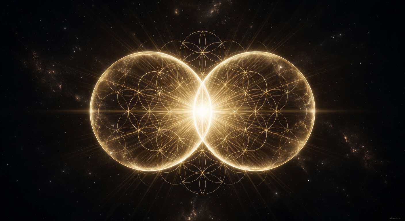 Two luminous golden circles overlapping to form the Vesica Piscis, the Seed of Life emerging from their intersection