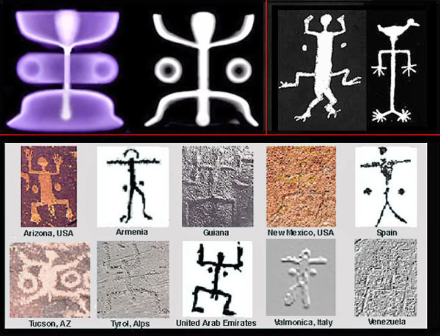 Comparison chart from Peratt's research: lab-generated plasma shapes (top row, purple and white) shown next to 'squatting man' petroglyphs from Arizona, Armenia, Guiana, New Mexico, Spain, Tucson, Tyrol (Alps), United Arab Emirates, Valmonica (Italy), and Venezuela — the same figure carved on every inhabited continent
