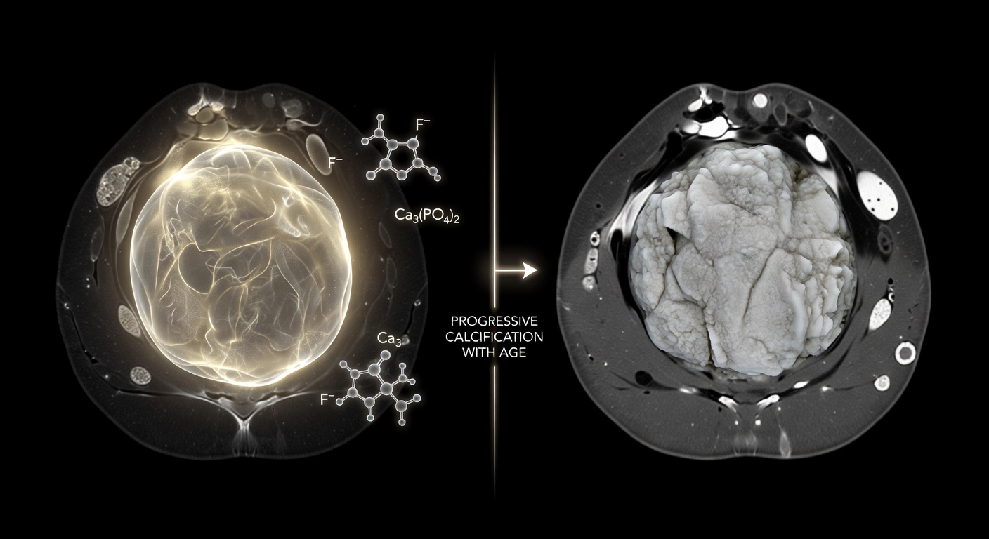 Split brain scan: healthy young pineal glowing with golden light on the left, heavily calcified aged pineal as dense white deposit on the right