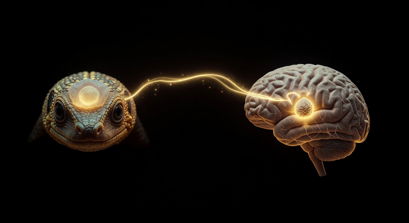 Evolutionary comparison: tuatara's visible parietal third eye on the left, human brain cross-section revealing the pineal gland on the right, connected by a golden evolutionary line
