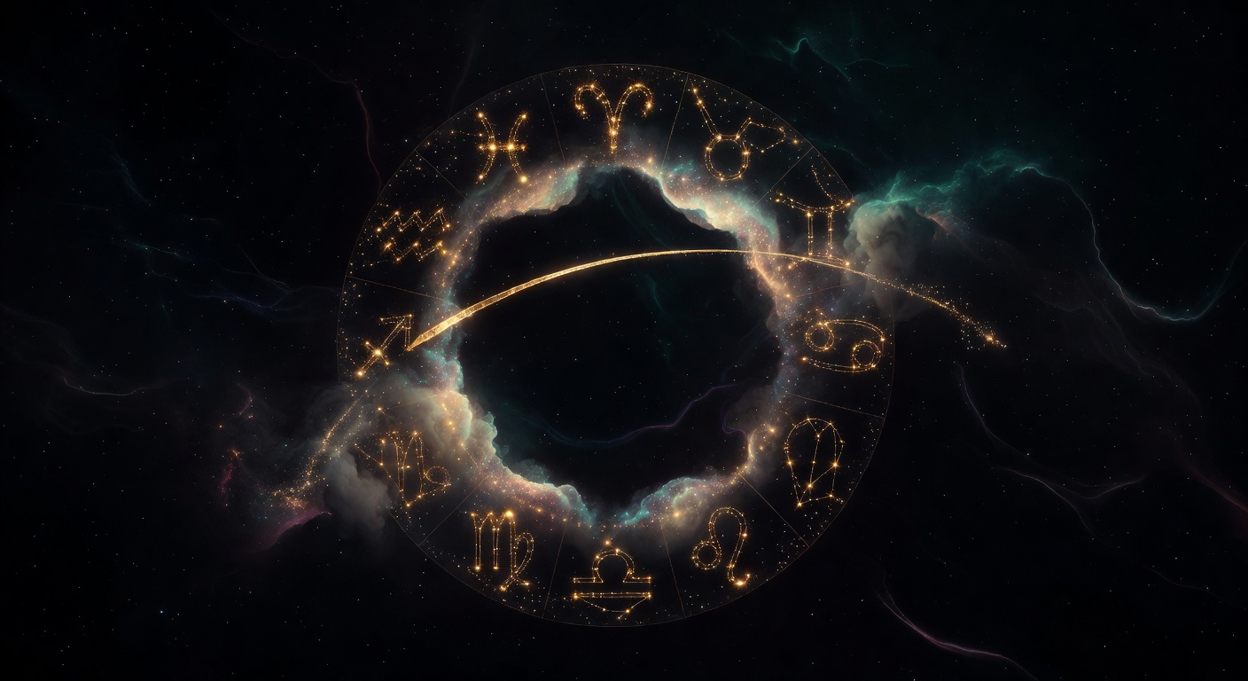A celestial clock face made of the twelve zodiacal constellations in a wheel, a golden pointer sweeping backwards from Aries through Pisces toward Aquarius