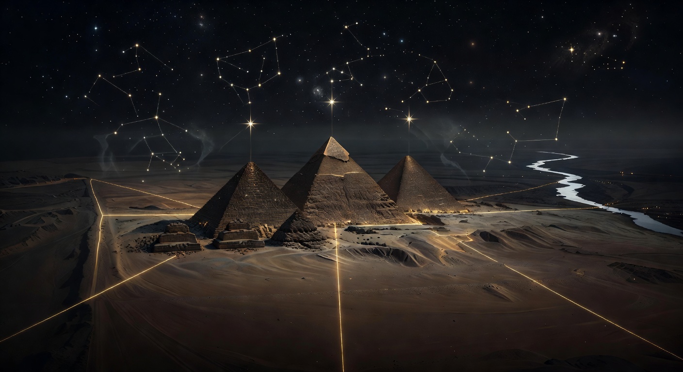 Aerial nighttime view of the three Giza pyramids with Orion's Belt perfectly aligned above them, golden meridian lines showing precise north-south alignment