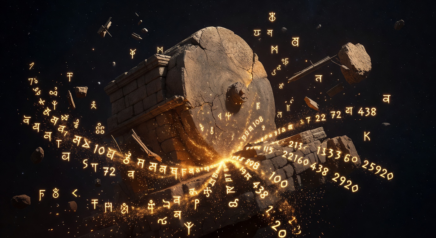 An enormous ancient broken stone mill grinding slowly in deep cosmic space, golden sparks of Sanskrit and Norse numerals flying off into starfields