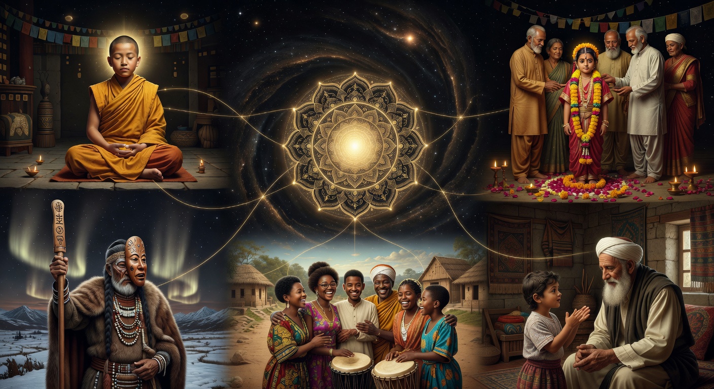 A sacred mandala showing five reincarnation traditions from civilizations that never met — Tibetan tulku, Hindu child recognition, Druze elder, Ainu shaman, Yoruba family — connected by golden threads around a central image of a soul moving between bodies