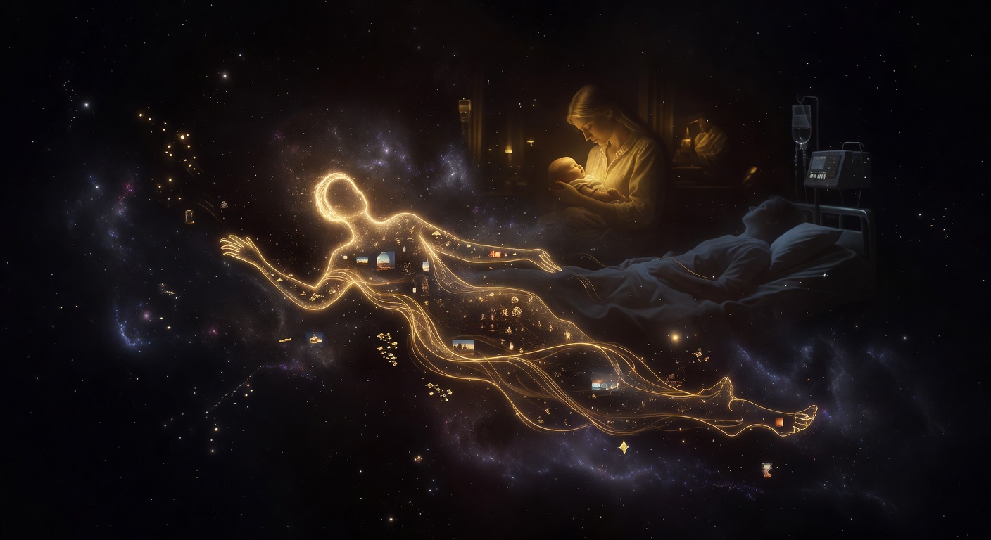 A luminous golden soul-thread drifting through cosmic space between two faintly visible lives — a body left behind in a hospital bed and a mother holding a newborn in another era