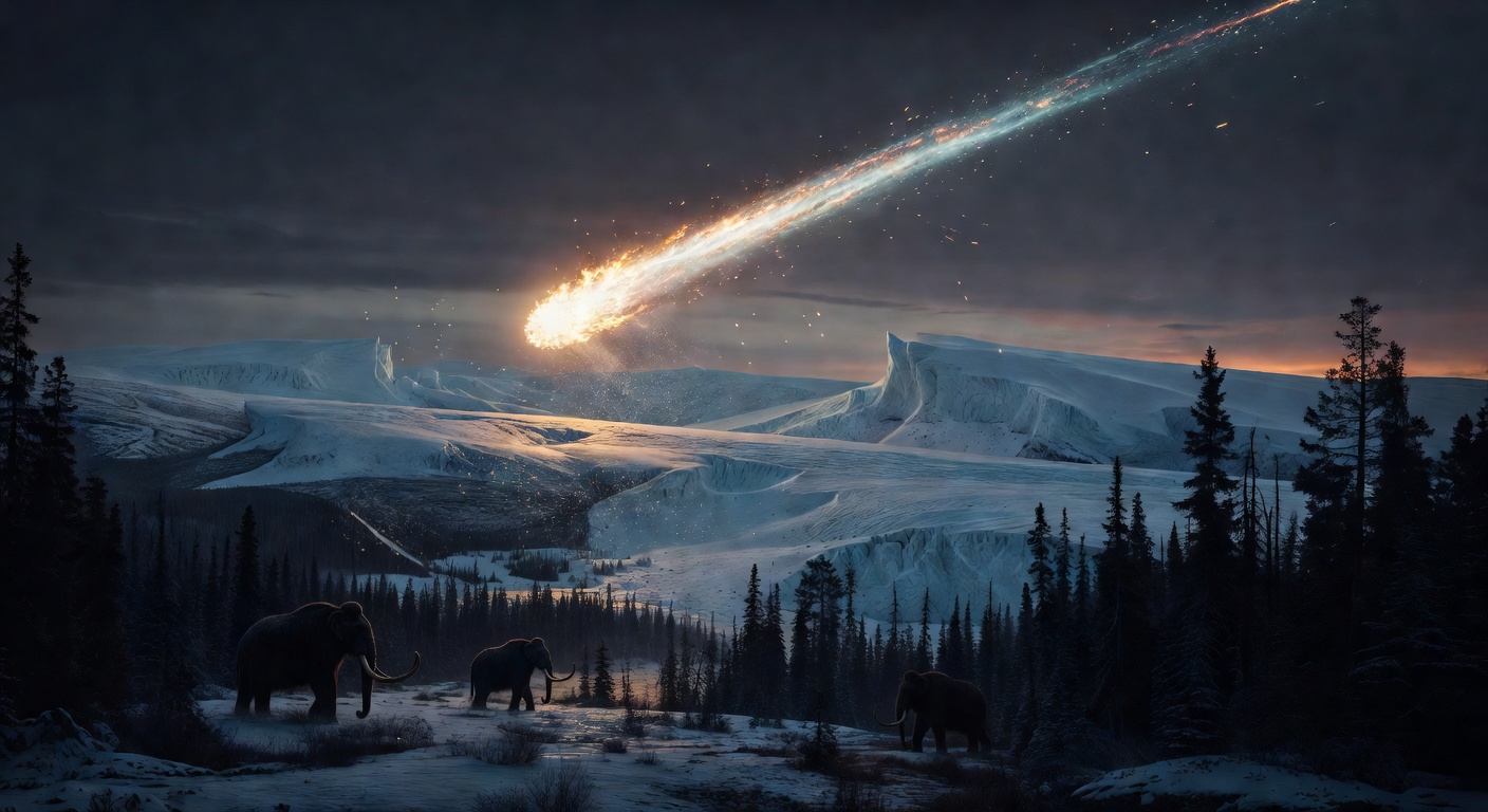 Earth 12,900 years ago at the Younger Dryas onset — a comet fireball over a returning ice landscape, mammoths in cooling twilight