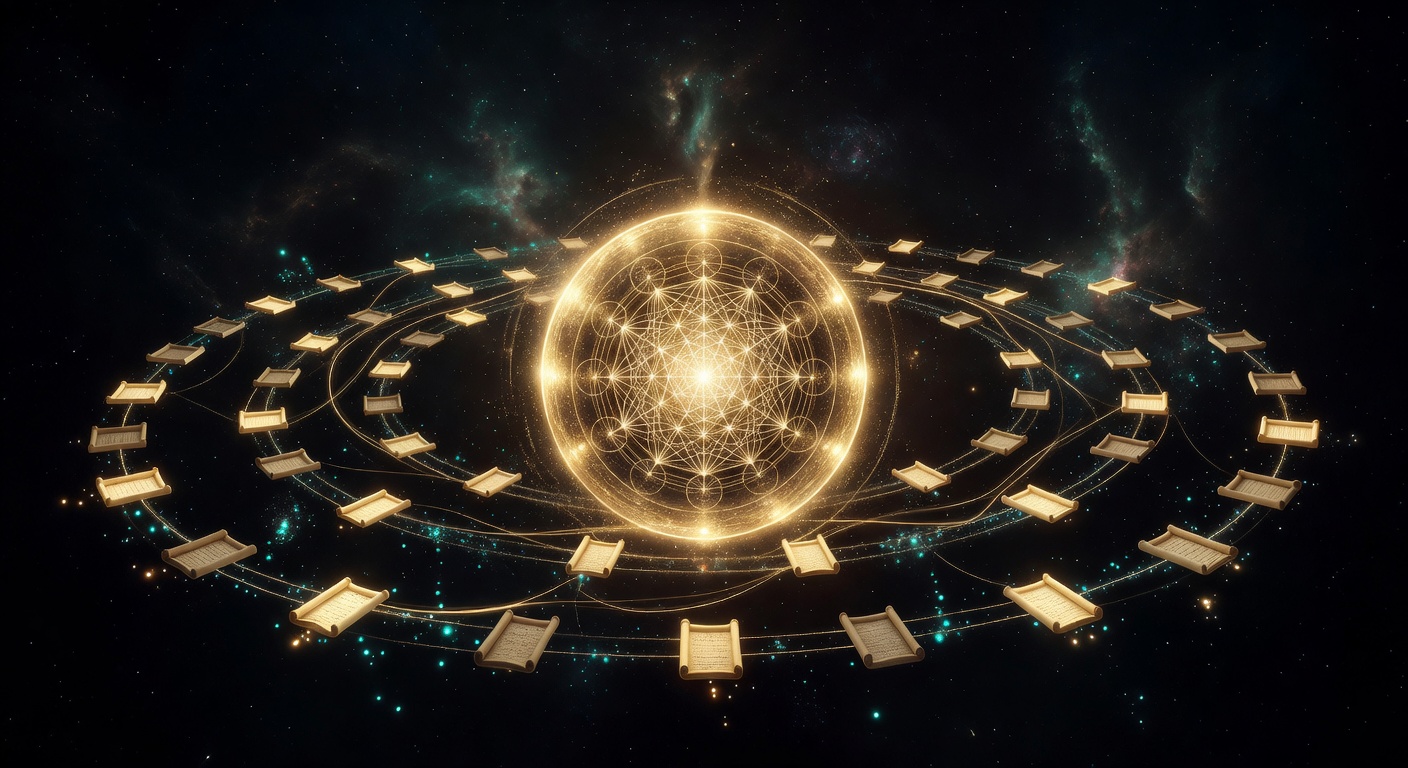 A luminous golden oracle sphere with 124 scroll-like texts orbiting around it, connected by a network of golden lines visualizing the knowledge graph