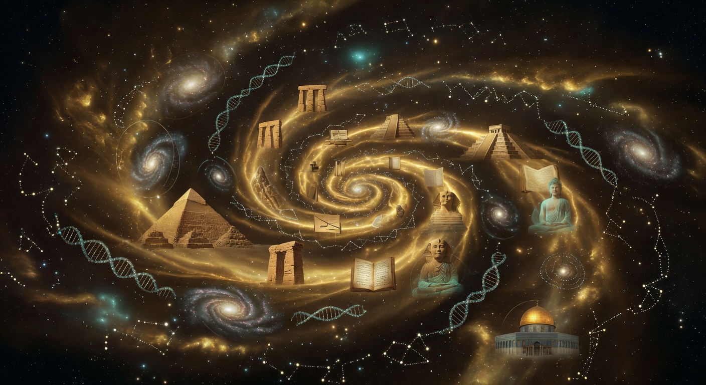 A cosmic spiral of history woven with pyramids, temples, galaxies, DNA helices, and zodiacal constellations