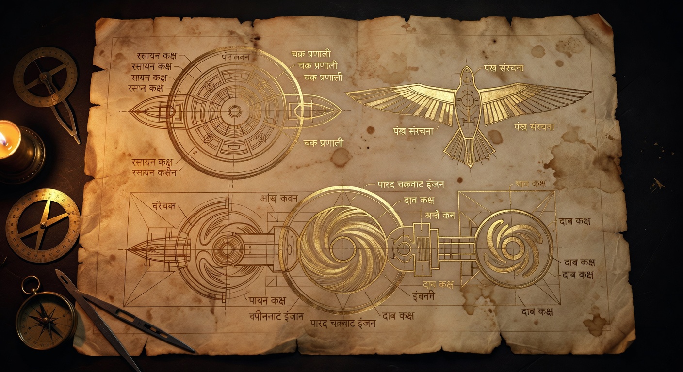 Aged Sanskrit manuscript with technical diagrams of vimana flying machines, cross-sections and component labels in Devanagari script