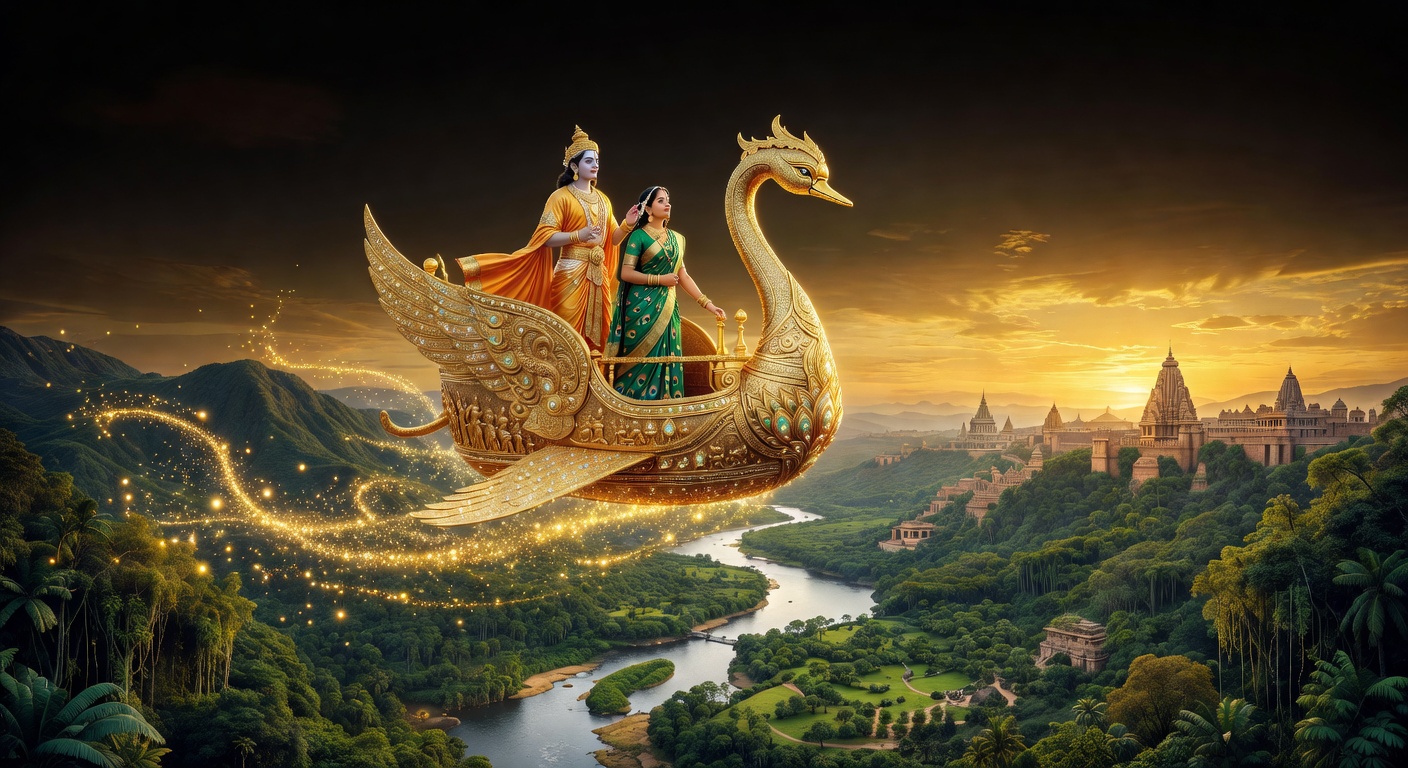 The golden Pushpaka Vimana gliding over a lush ancient Indian landscape at golden hour, Rama and Sita aboard