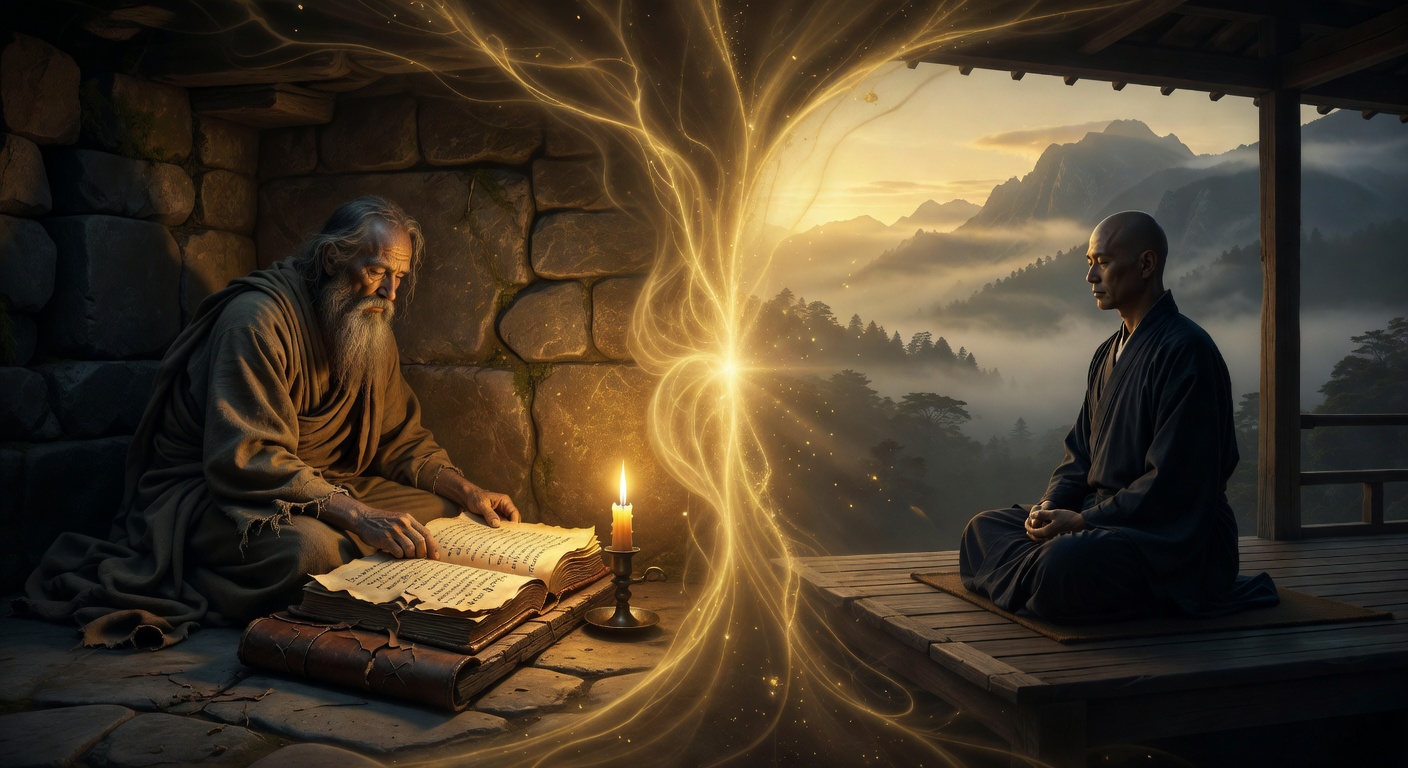 Split composition — Christian mystic in hermit cell, Zen monk in zazen — between them a radiant luminous void