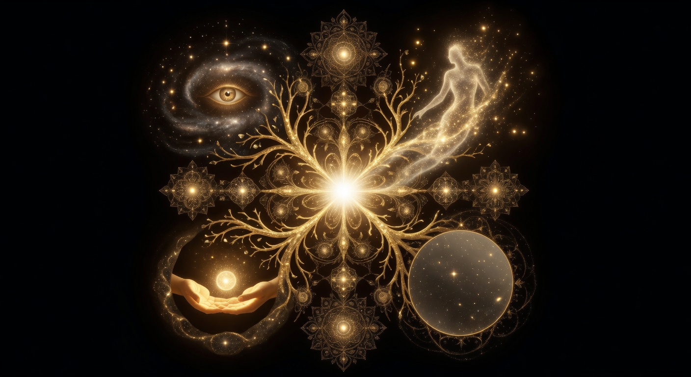 A cosmic mandala with four golden radial branches representing the four perennial claims
