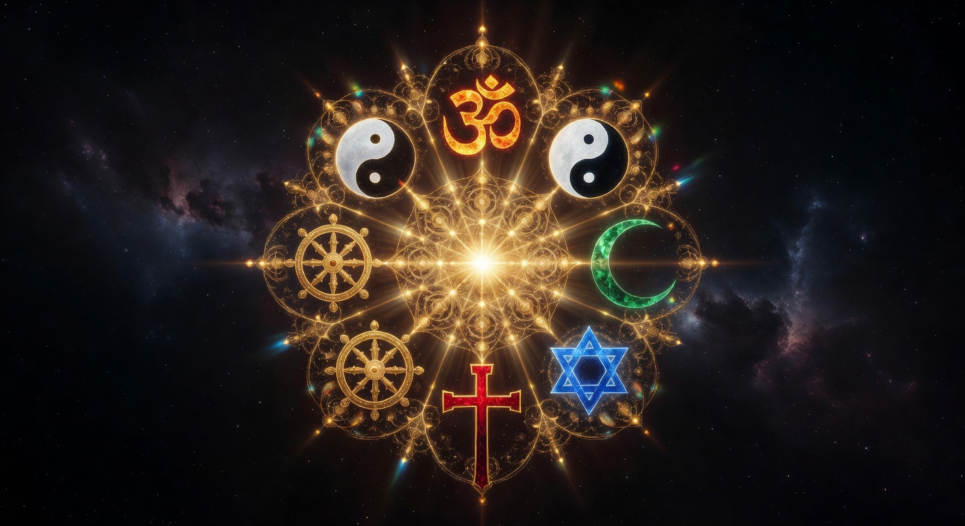 Six sacred symbols from six traditions converging at a point of golden light in cosmic space
