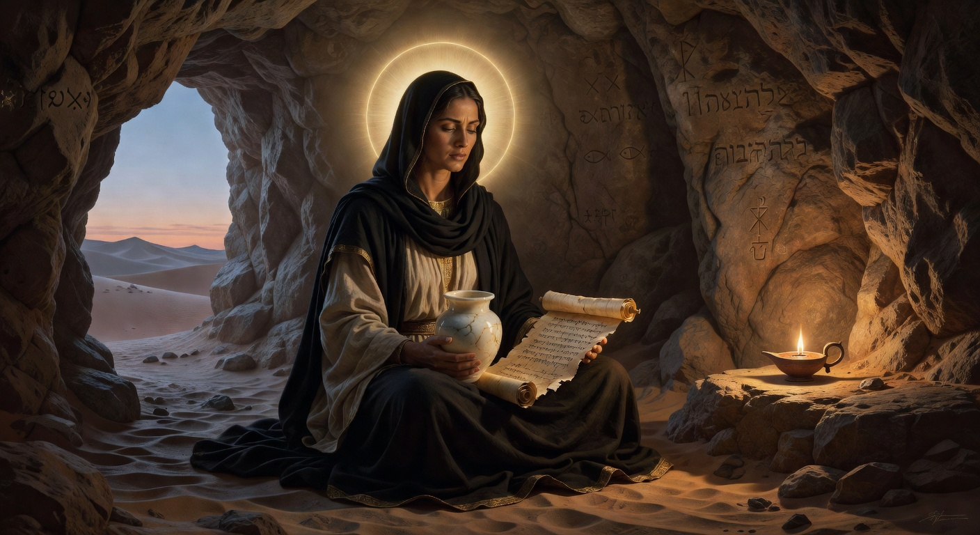 Mary Magdalene as first disciple in desert cave with papyrus scroll and alabaster jar, soft amber light