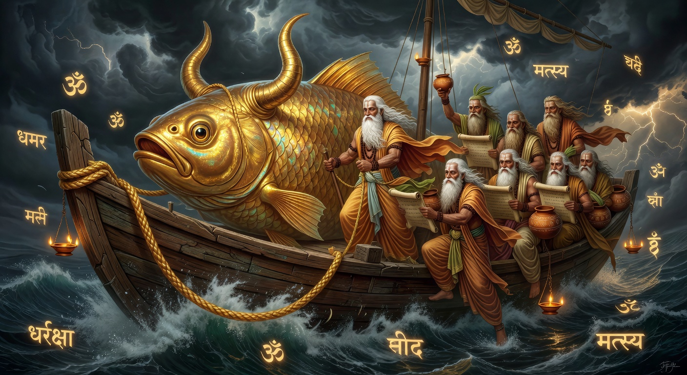 The Matsya avatar — a golden horned fish pulling a boat through stormy waters with Manu and the seven sages aboard