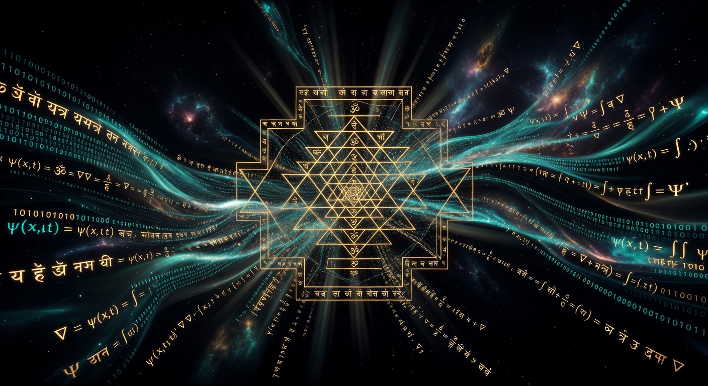 Ancient sacred geometry (sri yantra) dissolving into binary code and quantum equations, Sanskrit morphing into math