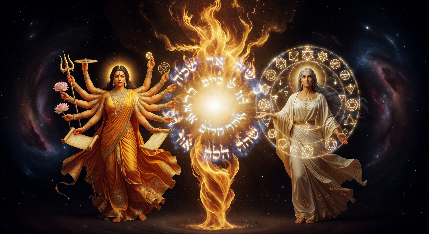Three divine feminine figures merging — Hindu Shakti, Kabbalistic Shekinah, Gnostic Sophia — unified as golden flame