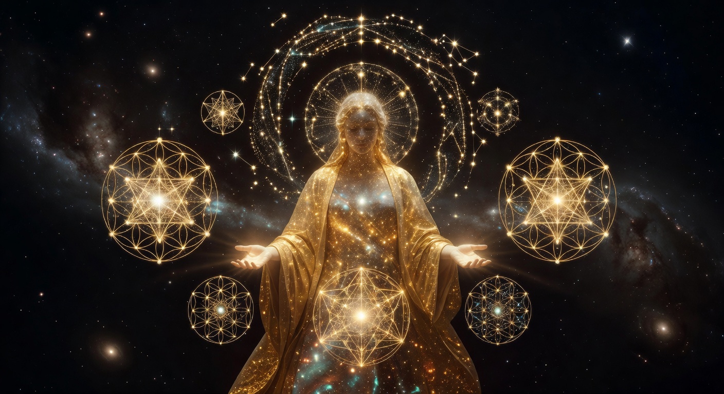 Sophia as luminous golden divine feminine figure in cosmic space, sacred geometry radiating outward